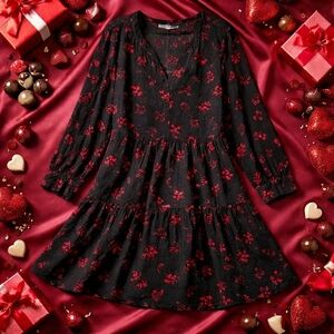 LOFT Black and Red Floral Long Sleeve Dress